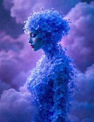 The primary subject of the image is a woman with a blue headpiece, which appears to be a flower or a blue hat. She is standing in front of a purple cloudy sky, which serves as the setting or background of the scene. The visual style of the image is digital art, as it is a well-crafted and detailed illustration. The dominant colors in the image are blue and purple, creating a serene and dreamy atmosphere.